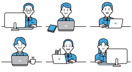 パソコンを操作する作業着を着た男女のビジネスパーソン