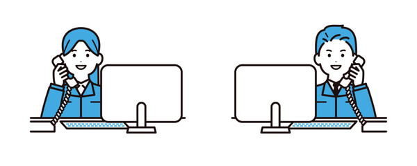 デスクワークで電話をする作業着を着た若い男女のビジネスパーソン