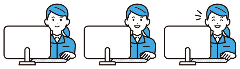 作業着を着てパソコン作業をする若い女性の表情のセット