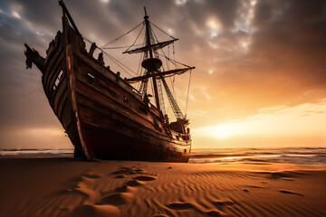 wood old sailing ship stranded in the middle of desert at sunset, moon and stars, hyper realistic, dramatic light, create using generative AI tools. - obrazy, fototapety, plakaty