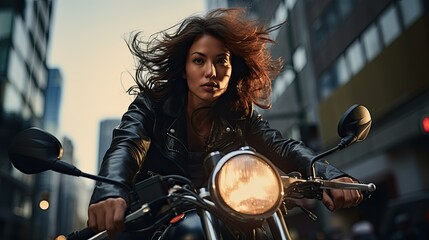 Fototapeta na wymiar Portrait a woman sitting on a vintage motorcycle AI Generative