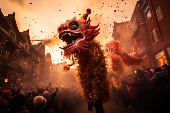 Generative ai of dragon dance among the crowds of the exciting Chinese New Year parade.