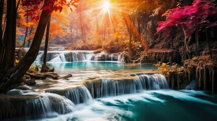 Fototapeta premium Amazing view beautiful waterfall in colorful autumn forest