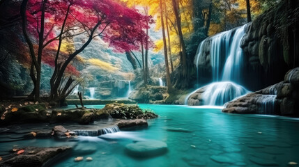 Obraz premium Amazing view beautiful waterfall in colorful autumn forest