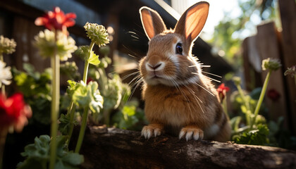 Fluffy baby rabbit sitting on grass, surrounded by colorful flowers generated by AI