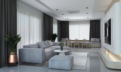 Minimalist style home interior design of modern living room and dining room.