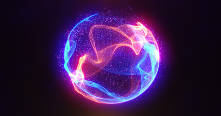Abstract energy sphere with glowing bright particles, atom from energy scientific futuristic hi-tech background - obrazy, fototapety, plakaty