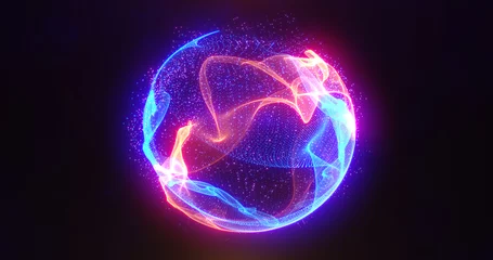 Fotobehang Abstract energy sphere with glowing bright particles, atom from energy scientific futuristic hi-tech background © Bolbik