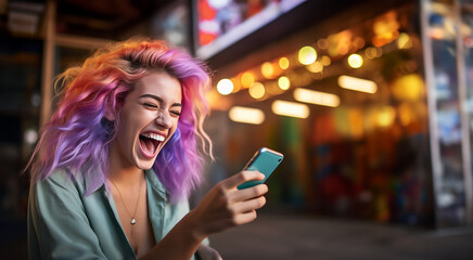 happy young woman with colored hair holding a smartphone in her hands