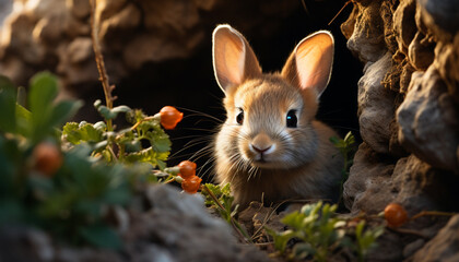 Cute rabbit sitting in grass, enjoying the beautiful spring meadow generated by AI