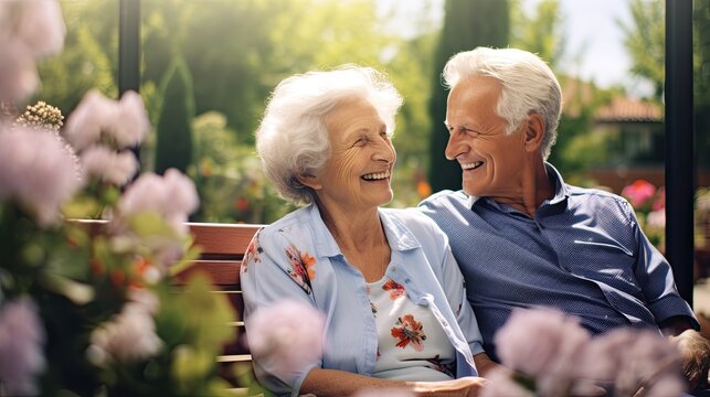 Portrait an elderly couple sitting on a bench in a botanical garden AI Generative