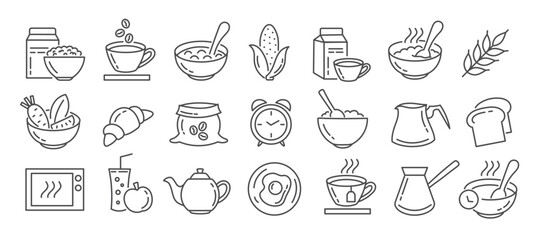 Breakfast and morning icons. Editable stroke outline icons set isolated on white background 