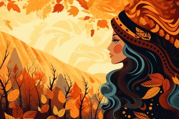 Autumn landscape with beautiful woman and falling leaves. Vector style illustration. Generative Ai