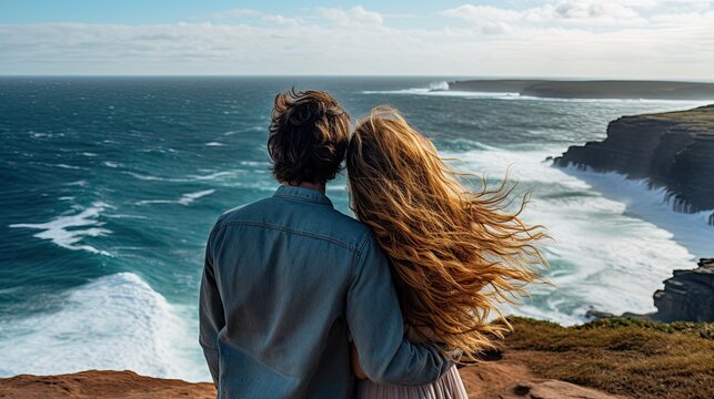 photo of a young couple in love standing on the edge of a cliff AI Generative