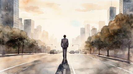 道路を歩くスーツの男性の後ろ姿の水彩イラスト - obrazy, fototapety, plakaty