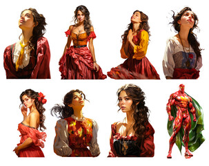 spanish woman wearing spanish traditional dresses with a spanish super hero. PNG no background