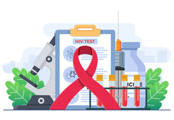 World AIDS Day illustration concept flat vector illustration vector template, Medical doctors with an HIV test tube are researching AIDS, Red Ribbon to raise awareness of the AIDS epidemic - obrazy, fototapety, plakaty