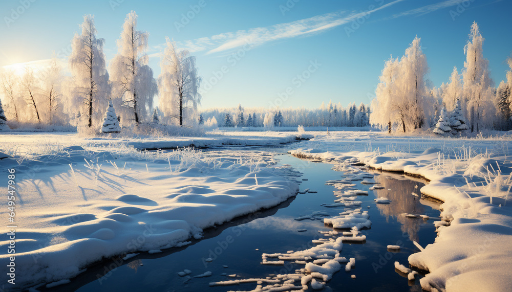 Sticker winter landscape snow covered forest, frozen lake, tranquil sunset generated by ai