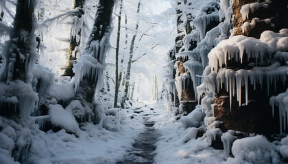 Winter landscape snow covered forest, frozen lake, icy branches glistening generated by AI