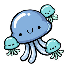 Funny animal illustration. A group of blue jellyfish is floating in the ocean.