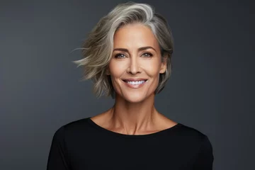 Fotobehang Beautiful gorgeous 50yo mid age beautiful elderly senior woman with grey hair laughing and smiling. Mature old lady close up portrait. Healthy face skin care beauty, skincare cosmetics, dental. © Restyler