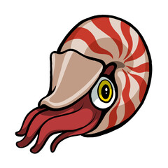 Funny animal illustration. Nautilus have tentacles look like octopus with red stripes on the shell.