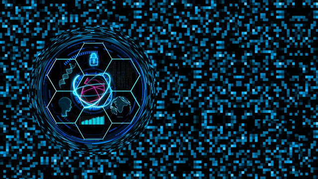 cube magenta with atom blockchain and  holographic futuristic technology and brain line matrix global secity dna with digital square background