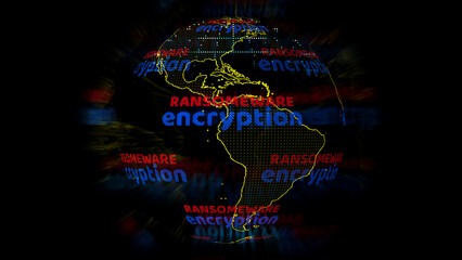 ransomware red text and encryption dark blue text and blur ray on global map