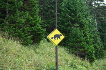 Hokkaido, Japan - September 6, 2023: Bear family crossing sign in Hokkaido, Japan
