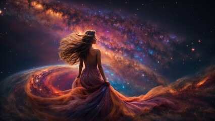 Fototapeta na wymiar Cosmic Serenity: A Young Woman's Long Dress Merging Seamlessly with Swirling Galaxies and Stars of the Universe, Channeling Cosmic Energy in Deep Contemplation and Meditation. 