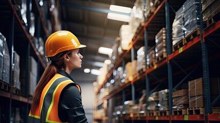 Professional female worker wearing a hard hat checks stock and inventory. Retail warehouse full of shelves