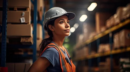 Poster Professional female worker wearing a hard hat checks stock and inventory. Retail warehouse full of shelves © somchai20162516