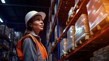 Professional female worker wearing a hard hat checks stock and inventory. Retail warehouse full of shelves