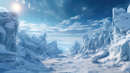 landscape with snow and ice,  a stunning frozen landscape, towering ice formations, blanket of...