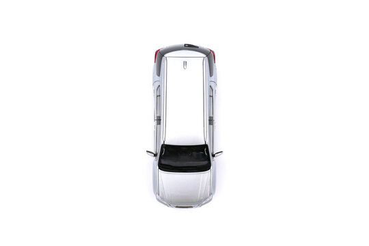 isolated simple and  metallic suv car with open doors from top view on white background that easily removable.