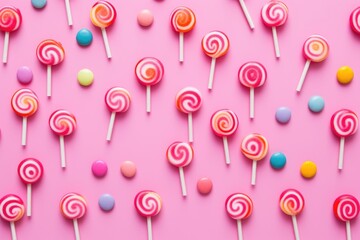 lollipop candy on a pink background, many sweet candy 