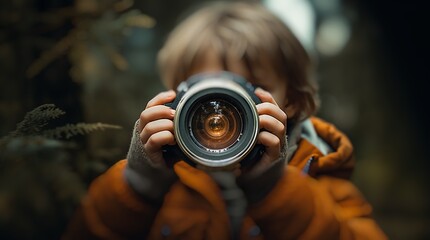 Niño pequeño sujetando una cámara de fotos y mirando por la mirilla - obrazy, fototapety, plakaty