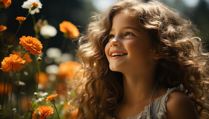 Smiling girl enjoys nature, carefree and happy in meadow generated by AI