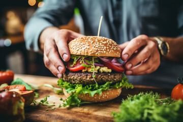 Close-up of a man cooking vegan burger - obrazy, fototapety, plakaty