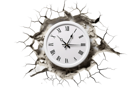 broken wall clock, transparent background, isolated image, generative AI
