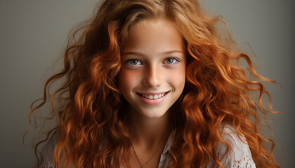 Smiling Caucasian girl with curly hair, a portrait of beauty generated by AI