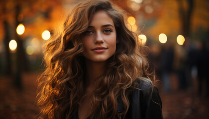 Young woman with long brown hair smiling outdoors, looking at camera generated by AI