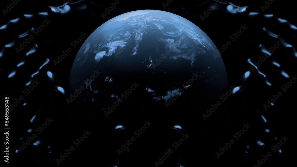 Poster black background with rotating planet and patterns. design. around its axis is a rotating planet ear
