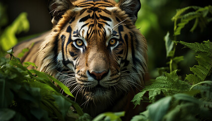 Majestic Bengal tiger prowls, staring with aggression, hiding in wilderness generated by AI