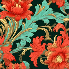 Rococo flower pattern red mint and golden colors seamless pattern, AI Generated