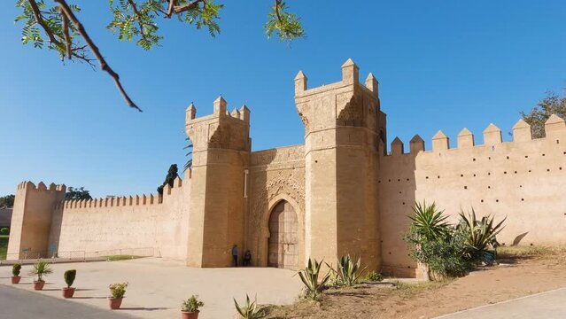 Establishing shot of medieval necropolis of Chellah in Rabat, Morocco. Pov