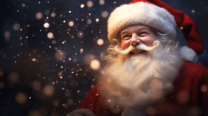 A close-up Santa Claus reveals his warm, benevolent countenance, marked by cheerful smile on snowy scene bokeh background, adding to enchanting ambiance of moment. Generative AI.