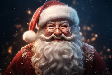 A close-up Santa Claus reveals his warm, benevolent countenance, marked by cheerful smile on snowy scene bokeh background, adding to enchanting ambiance of moment. Generative AI.