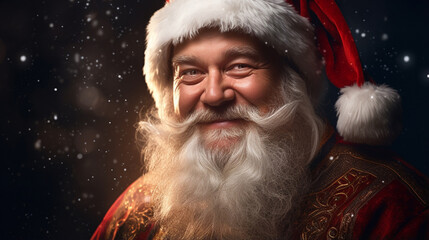 A close-up Santa Claus reveals his warm, benevolent countenance, marked by cheerful smile on snowy scene bokeh background, adding to enchanting ambiance of moment. Generative AI.