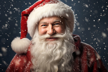 A close-up Santa Claus reveals his warm, benevolent countenance, marked by cheerful smile on snowy scene bokeh background, adding to enchanting ambiance of moment. Generative AI.